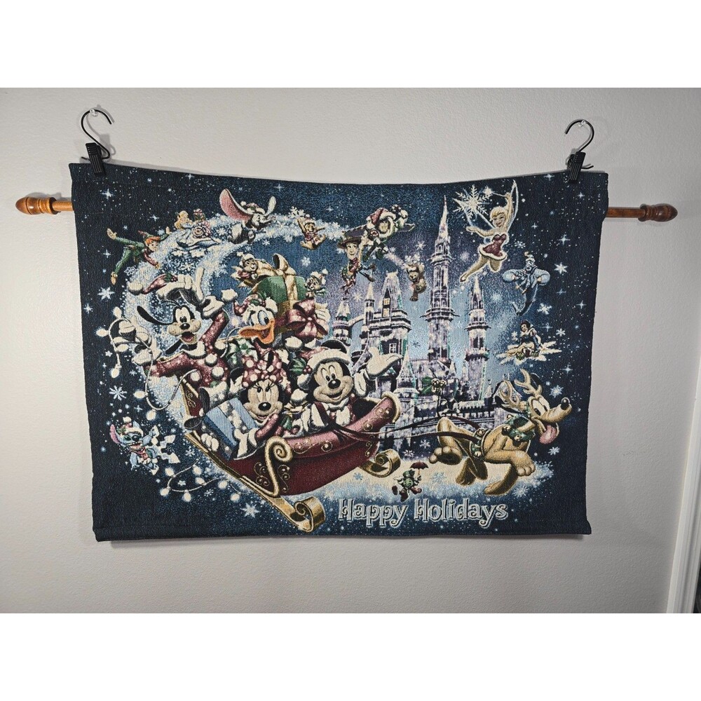 Disney Parks Christmas Happy Holidays Wall Hanging Tapestry with Rod 36x26 VTG